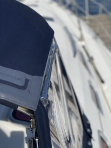 Serge Ferrari Navy dodger chafing patch and connector zipper cover, Sunbrella Navy, Strataglass 40 gauge - Rock Hall, MD